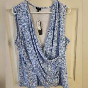 Talbots White and Blue Patterned Drape Blouse